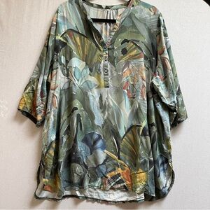 Blue Sky 100% Bamboo Tropical Botanical Print Button Tunic Top Blouse